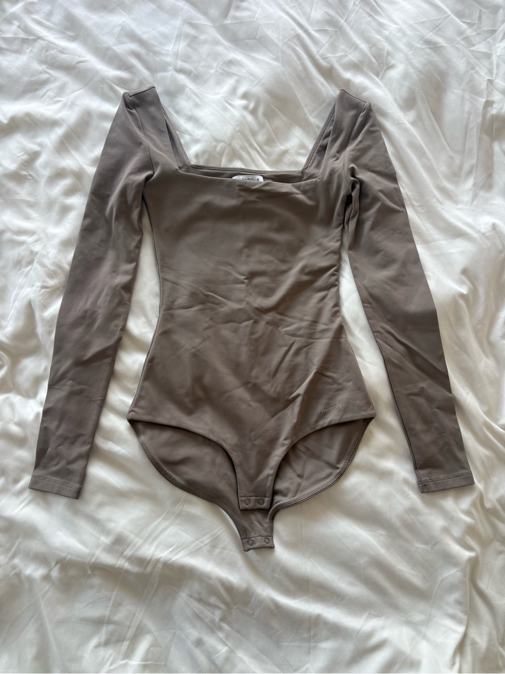 Aritzia Contour Taupe Long Sleeve Square Neck Bodysuit